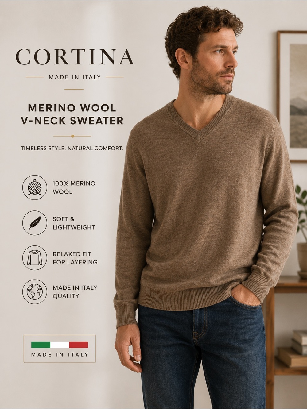 Cortina Italian Merino Wool V-Neck Sweater Men’s XL Brown Lightweight Knit